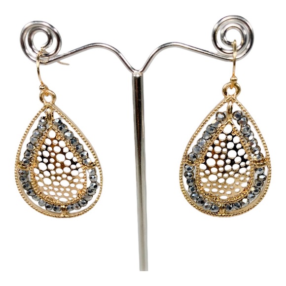 Gold Teardrop Dangle Earrings with Crystals - Picture 2 of 3